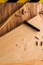 Felt tip pen on woodwork carpentry workshop table