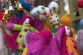 Felt toys. Bright woolen toys in the showcase of a gift shop