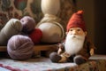 felting wool beside partially dressed gnome ornament