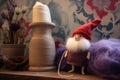 felting wool beside partially dressed gnome ornament