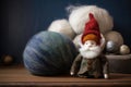 felting wool beside partially dressed gnome ornament