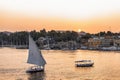 Felucca boat sailing on the Nile river at sunset in Aswan, Egypt Royalty Free Stock Photo