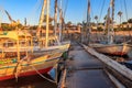 Felucca boats moored at pier in Luxor, Egypt