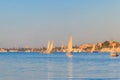 Felucca boats sailing on the Nile river in Luxor, Egypt. Traditional Egyptian sailing boats