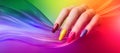 femaile hands with rainbow manicure. Love, valentine, lgbt, pride concept. Rainbow design on long oval nails. Nail art.