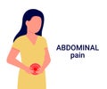 Female abdominal pain. Woman holds her hands on her stomach. Stomach ache. Internal discomfort. Stomach, bowel or gynecological Royalty Free Stock Photo