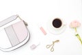 Female accessories, make up on a white background. Coffee break