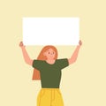 Female activist holds a poster. A young woman with her hand raised holds a placard during a protest. Vector illustration of a Royalty Free Stock Photo