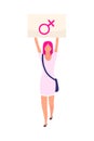 Female activist protests for women rights semi flat color vector character