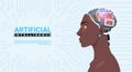 Female African American Head With Modern Cyborg Brain Over Circuit Motherboard Background Artificial Intelligence