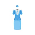 Female air hostess suit. White blouse, blue jacket, hat and skirt. Uniform of stewardess. Working uniform. Flat vector