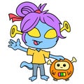 The female alien is waving her pet creature to say hello, doodle icon image kawaii