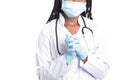 Female american african doctor, nurse woman wearing medical coat with stethoscope, mask and gloves. Happy excited for success Royalty Free Stock Photo
