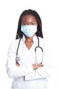 Female american african doctor, nurse woman wearing medical coat with stethoscope and mask. Happy excited for success medical Royalty Free Stock Photo