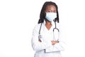 Female american african doctor, nurse woman wearing medical coat with stethoscope and mask. Happy excited for success medical Royalty Free Stock Photo