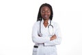 Female american african doctor, nurse woman wearing medical coat with stethoscope and tablet in poket. Happy excited for success Royalty Free Stock Photo