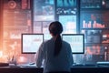 Female Analyst Working with Data Displays in a High-Tech Office Environment During a Corporate Meeting Royalty Free Stock Photo