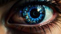 Female android robot eye close up. Digital iris of cyber woman. Bionic technology concept. Generative AI Royalty Free Stock Photo