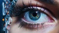 Female android robot eye close up. Digital iris of cyber woman. Bionic technology concept. Generative AI Royalty Free Stock Photo
