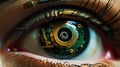 Female android robot eye close up. Digital iris of cyber woman. Bionic technology concept. Generative AI Royalty Free Stock Photo