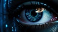 Female android robot eye close up. Digital iris of cyber woman. Bionic technology concept. Generative AI Royalty Free Stock Photo