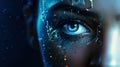 Female android robot eye close up. Digital iris of cyber woman. Bionic technology concept. Generative AI