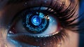 Female android robot eye close up. Digital iris of cyber woman. Bionic technology concept. Generative AI Royalty Free Stock Photo