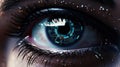 Female android robot eye close up. Digital iris of cyber woman. Bionic technology concept. Generative AI Royalty Free Stock Photo