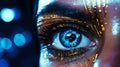 Female android robot eye close up. Digital iris of cyber woman. Bionic technology concept. Generative AI Royalty Free Stock Photo