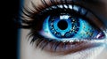 Female android robot eye close up. Digital iris of cyber woman. Bionic technology concept. Generative AI