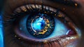 Female android robot eye close up. Digital iris of cyber woman. Bionic technology concept. Generative AI