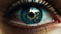 Female android robot eye close up. Digital iris of cyber woman. Bionic technology concept. Generative AI Royalty Free Stock Photo