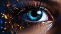 Female android robot eye close up. Digital iris of cyber woman. Bionic technology concept. Generative AI Royalty Free Stock Photo