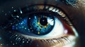 Female android robot eye close up. Digital iris of cyber woman. Bionic technology concept. Generative AI Royalty Free Stock Photo