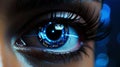 Female android robot eye close up. Digital iris of cyber woman. Bionic technology concept. Generative AI