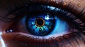 Female android robot eye close up. Digital iris of cyber woman. Bionic technology concept. Generative AI