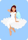 A (female) angel (wings, aureole) sitting on a cloud. Royalty Free Stock Photo