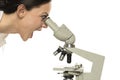 Female angry nervous scientist looking through a microscope, close up