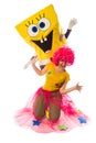 Female animator with fany suit and costumed characters of sponge