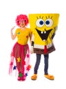 Female animator with fany suit and costumed characters of sponge
