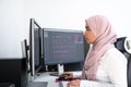 Female Arabic creative professional working at home office on desktop computer with dual screen monitor top view Royalty Free Stock Photo