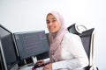 Female Arabic creative professional working at home office on desktop computer with dual screen monitor top view Royalty Free Stock Photo