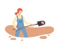 Female Archaeologist Digging Soil with Shovel, Scientist Working on Excavations Flat Vector Illustration