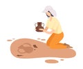 Female Archaeologist Kneeling and Holding Ancient Amphora, Scientist Character Working on Excavations with Historical