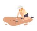 Female Archaeologist Sitting on Ground and Sweeping Dirt from Ceramic Crocks Using Brush, Paleontology Scientist