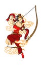 a female archer in a red dress flying with white clouds accented for design t-shirts or poster costumes