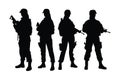 Female army soldiers standing with weapons silhouette set vector. Anonymous female infantry without faces standing in different