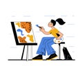 Female artist painting picture on canvas. Painter with paint palette and brush drawing. Creative woman creates artwork Royalty Free Stock Photo