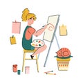 Female artist painting sitting face to easel, flat vector illustration isolated.