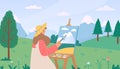 Female artist painting summer nature. Woman in hat sitting outdoor on green lawn and drawing mountains landscape Royalty Free Stock Photo